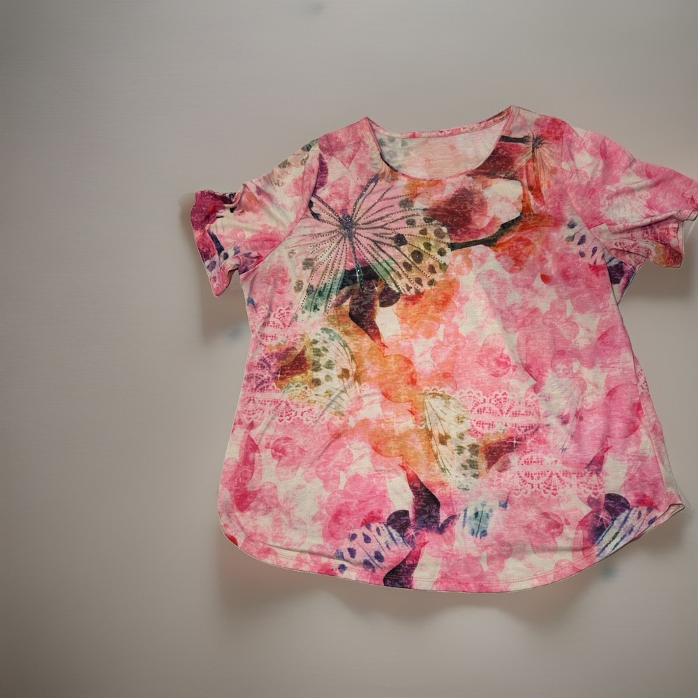 Women's Pink Butterfly Floral Rhinestone Short Sleeve Scoop Neck Top Size XL